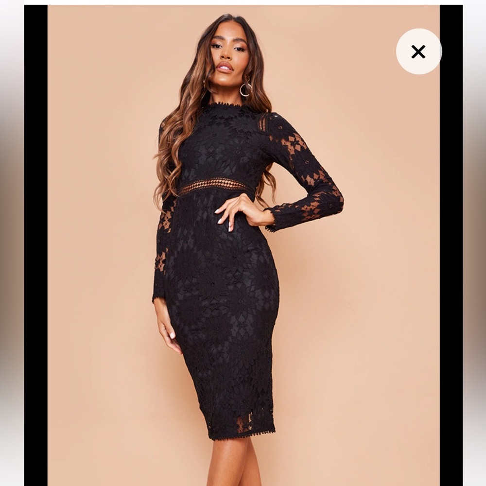 Lace long sleeve body con black dress